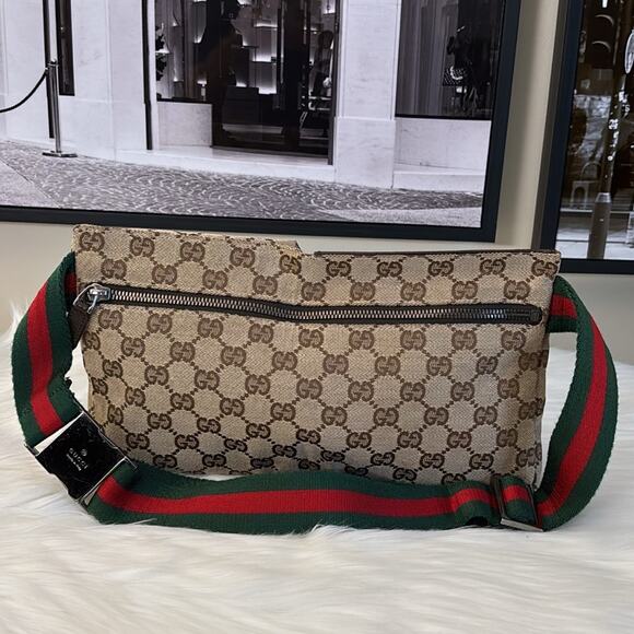 Gucci GG Pattern Waist Pouch Sherry Line web GG Brown Canvas Bag - Picture 4 of 9